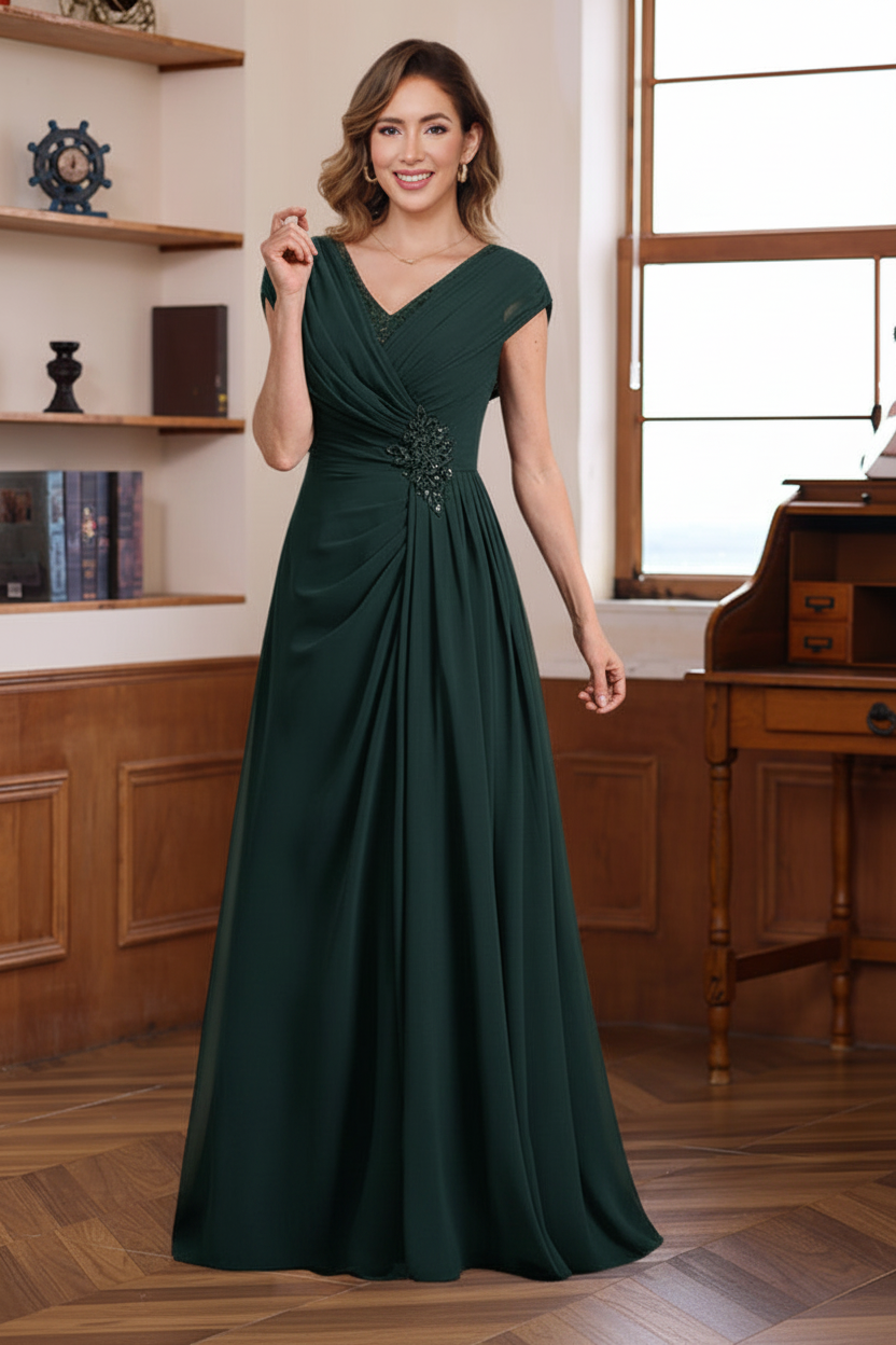 A-Line/Princess V-Neck Ruched Floor-Length Pleated Mother of the Bride & Groom Dresses with Jewel Appliques & Sequins