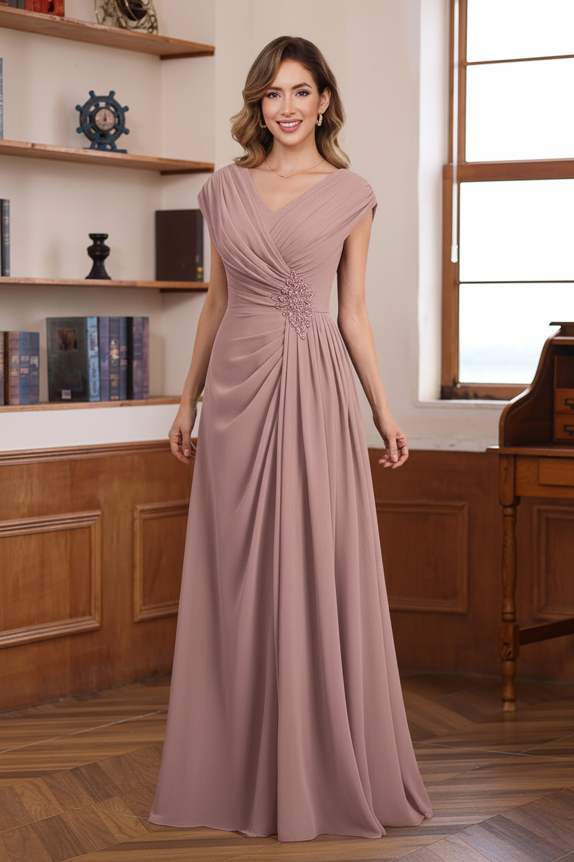 A-Line/Princess V-Neck Ruched Floor-Length Pleated Mother of the Bride & Groom Dresses with Jewel Appliques & Sequins