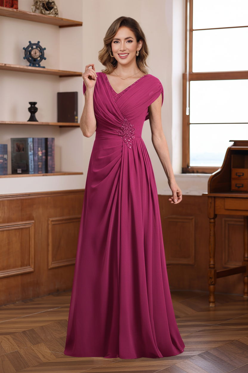 A-Line/Princess V-Neck Ruched Floor-Length Pleated Mother of the Bride & Groom Dresses with Jewel Appliques & Sequins