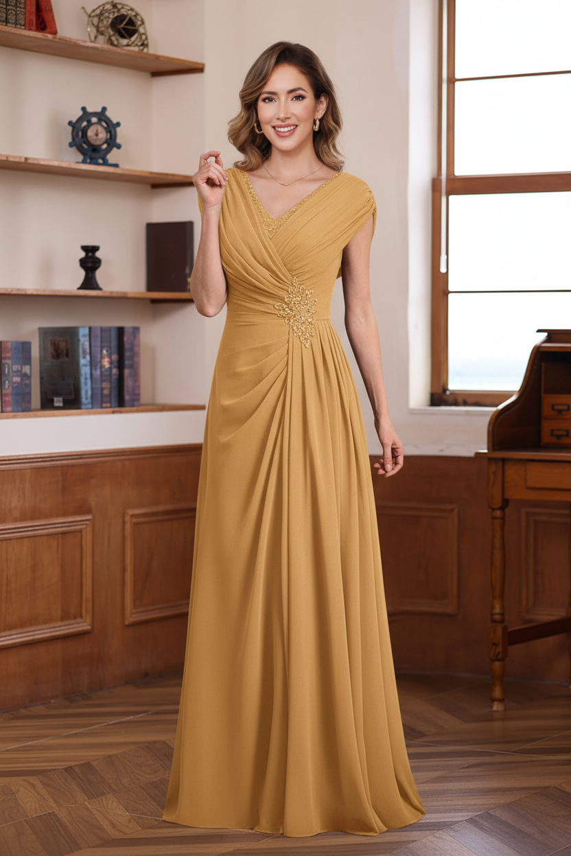 A-Line/Princess V-Neck Ruched Floor-Length Pleated Mother of the Bride & Groom Dresses with Jewel Appliques & Sequins