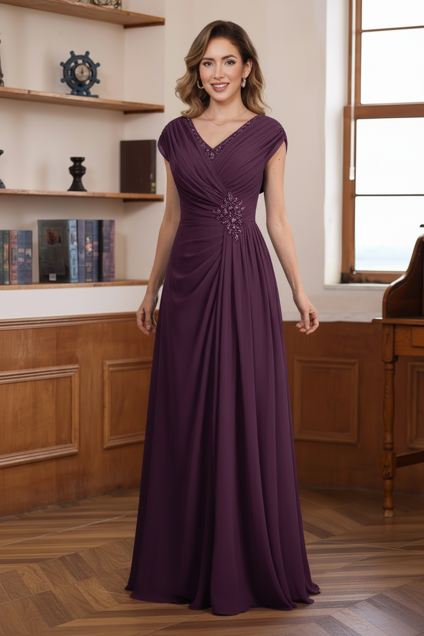 A-Line/Princess V-Neck Ruched Floor-Length Pleated Mother of the Bride & Groom Dresses with Jewel Appliques & Sequins