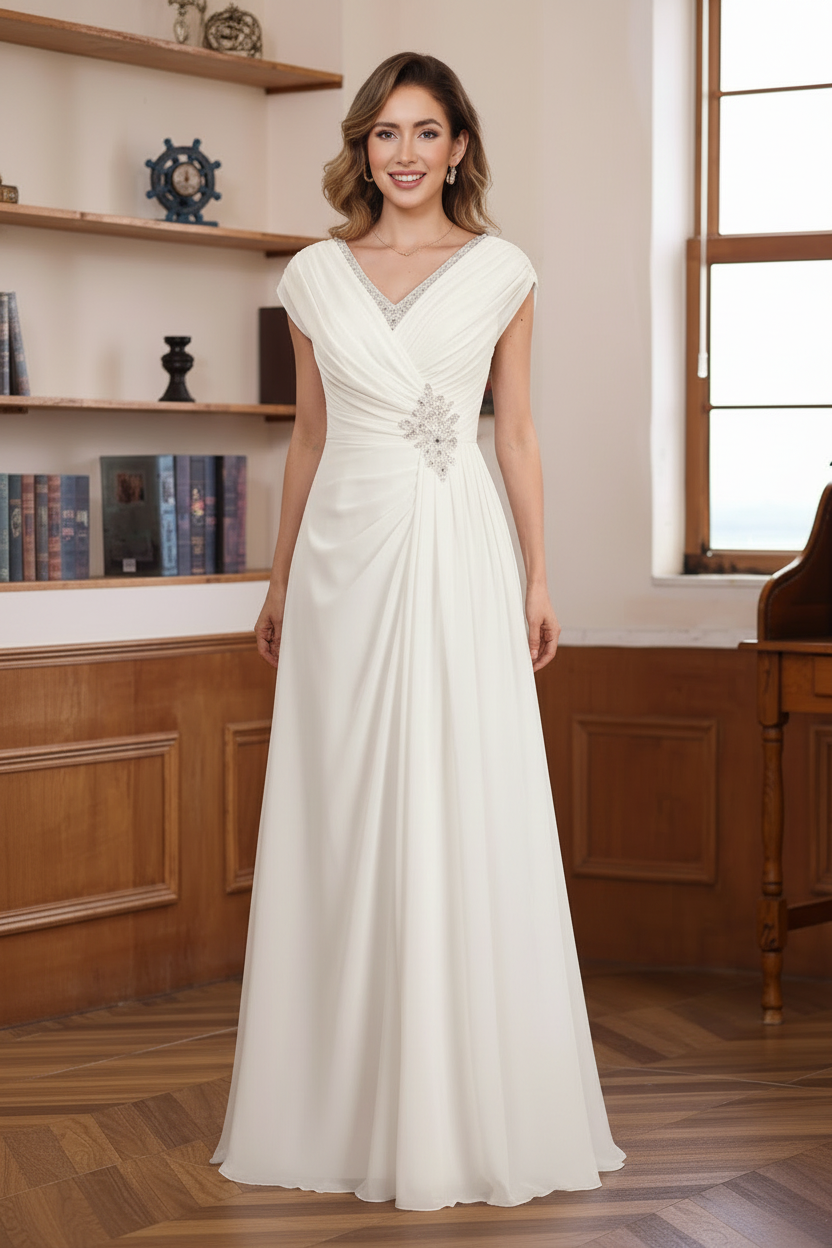 A-Line/Princess V-Neck Ruched Floor-Length Pleated Mother of the Bride & Groom Dresses with Jewel Appliques & Sequins
