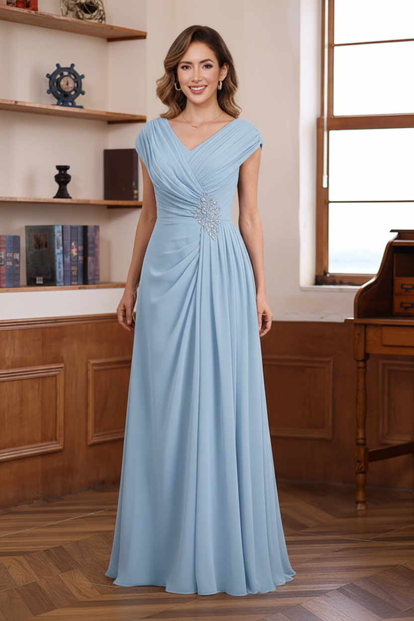 A-Line/Princess V-Neck Ruched Floor-Length Pleated Mother of the Bride & Groom Dresses with Jewel Appliques & Sequins
