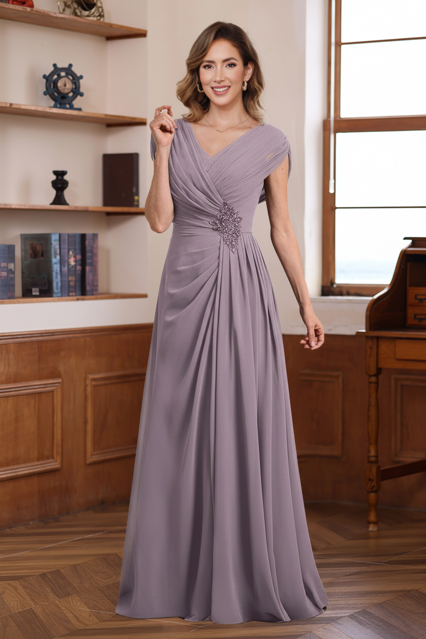 A-Line/Princess V-Neck Ruched Floor-Length Pleated Mother of the Bride & Groom Dresses with Jewel Appliques & Sequins