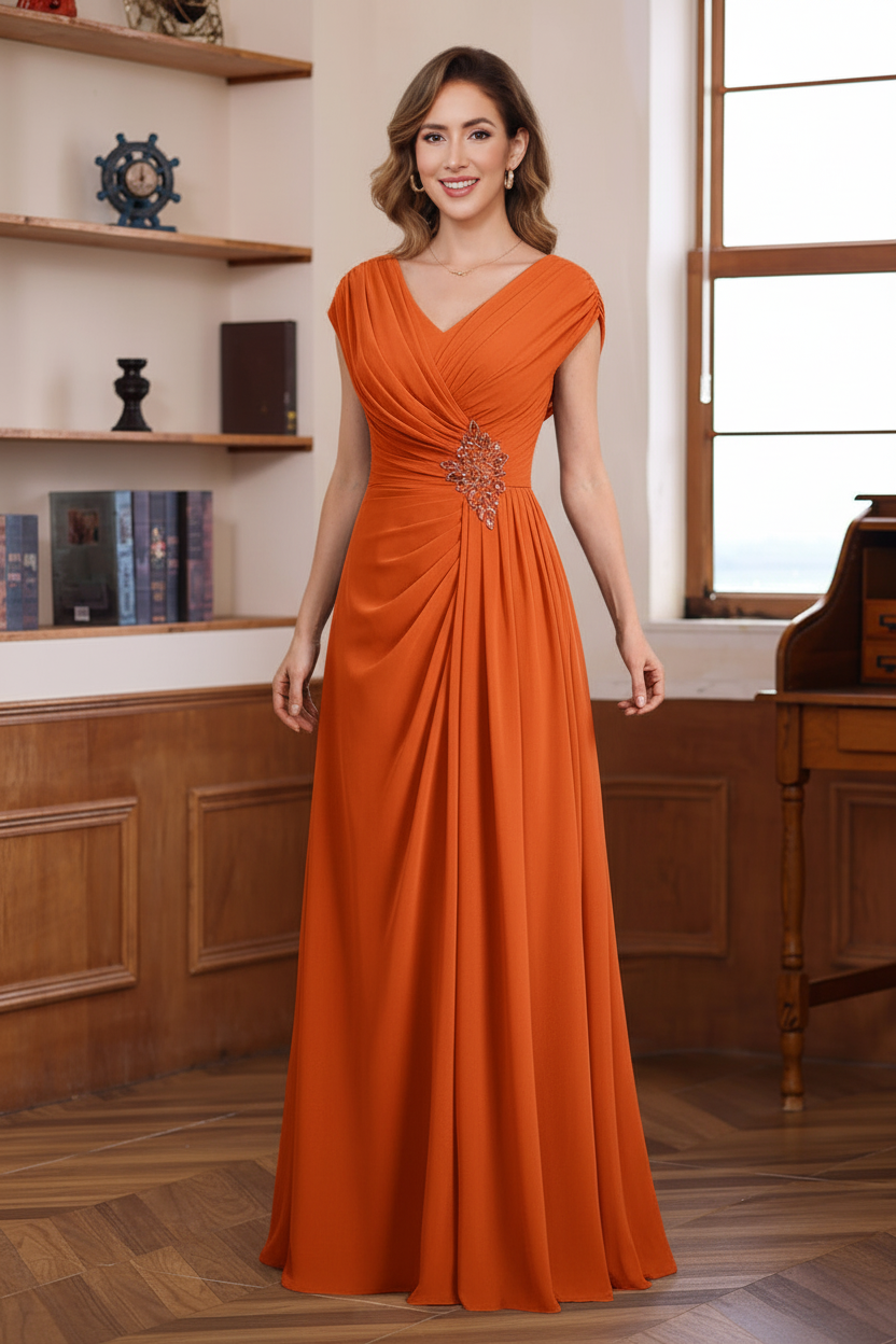 A-Line/Princess V-Neck Ruched Floor-Length Pleated Mother of the Bride & Groom Dresses with Jewel Appliques & Sequins