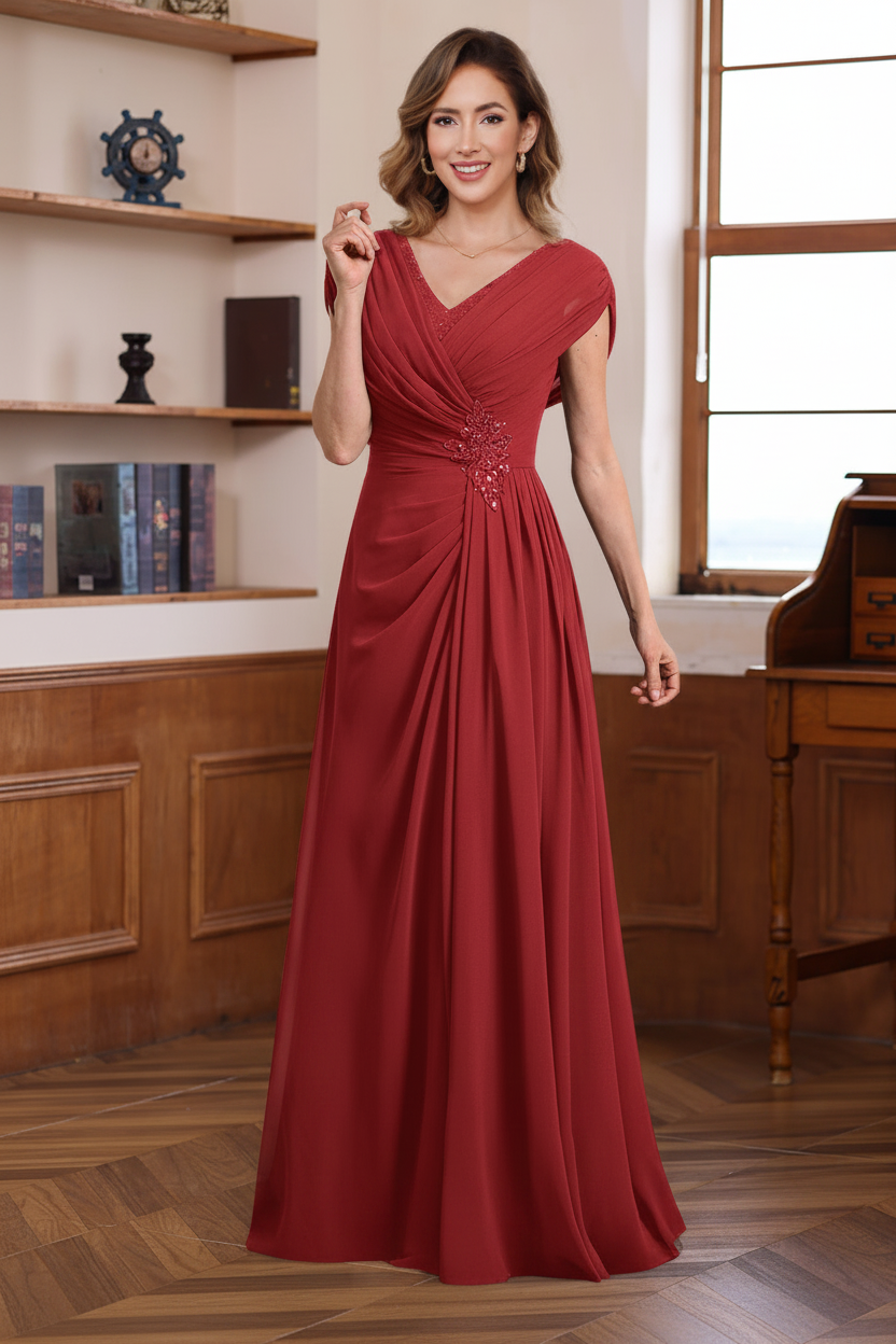 A-Line/Princess V-Neck Ruched Floor-Length Pleated Mother of the Bride & Groom Dresses with Jewel Appliques & Sequins