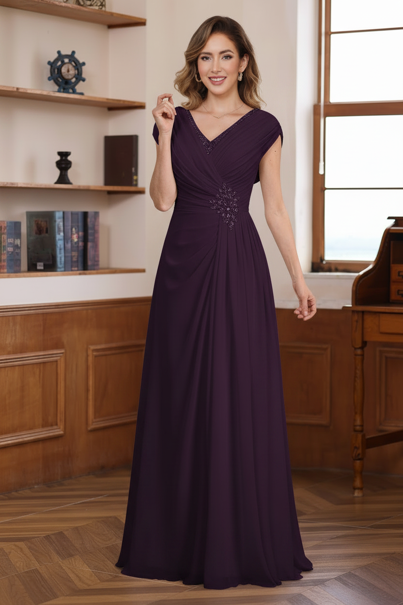A-Line/Princess V-Neck Ruched Floor-Length Pleated Mother of the Bride & Groom Dresses with Jewel Appliques & Sequins