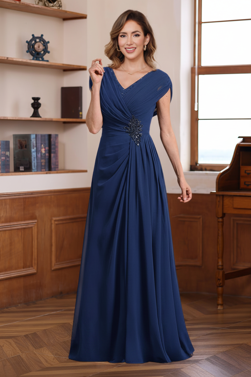 A-Line/Princess V-Neck Ruched Floor-Length Pleated Mother of the Bride & Groom Dresses with Jewel Appliques & Sequins