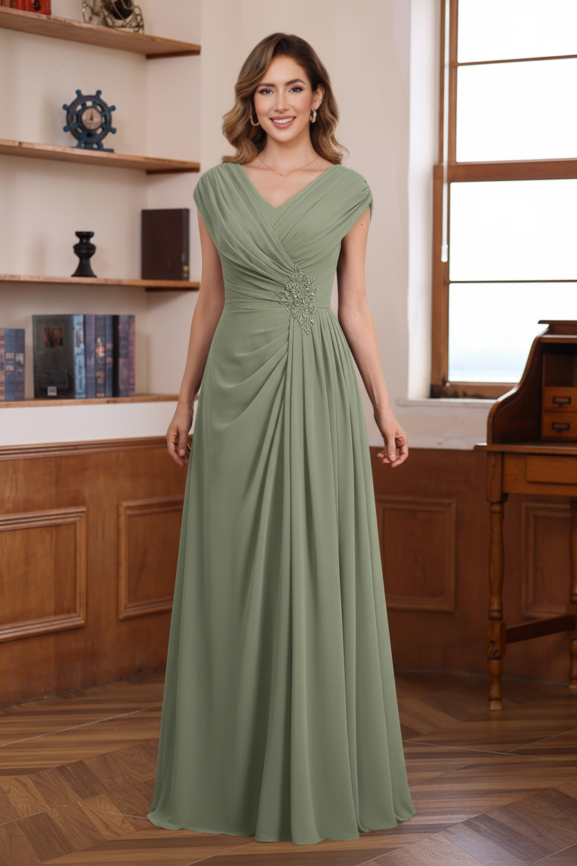 A-Line/Princess V-Neck Ruched Floor-Length Pleated Mother of the Bride & Groom Dresses with Jewel Appliques & Sequins