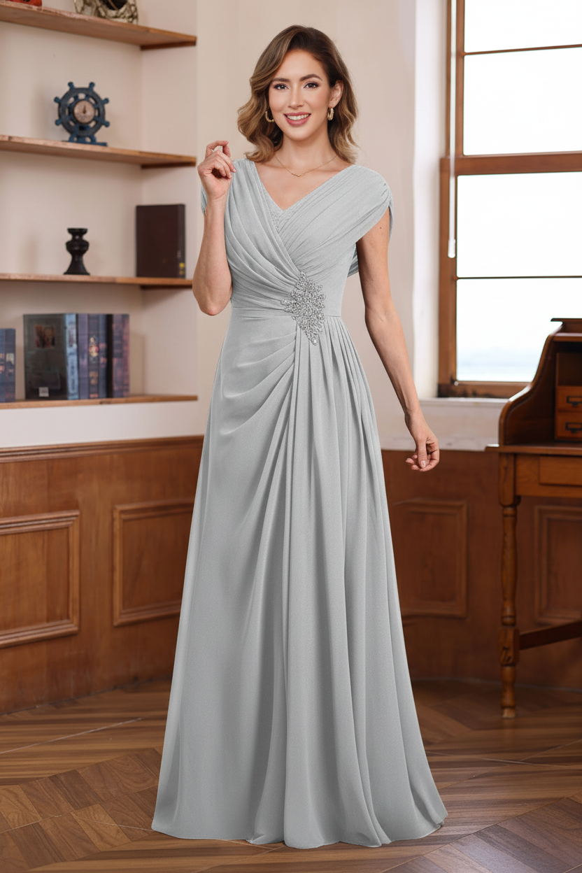 A-Line/Princess V-Neck Ruched Floor-Length Pleated Mother of the Bride & Groom Dresses with Jewel Appliques & Sequins