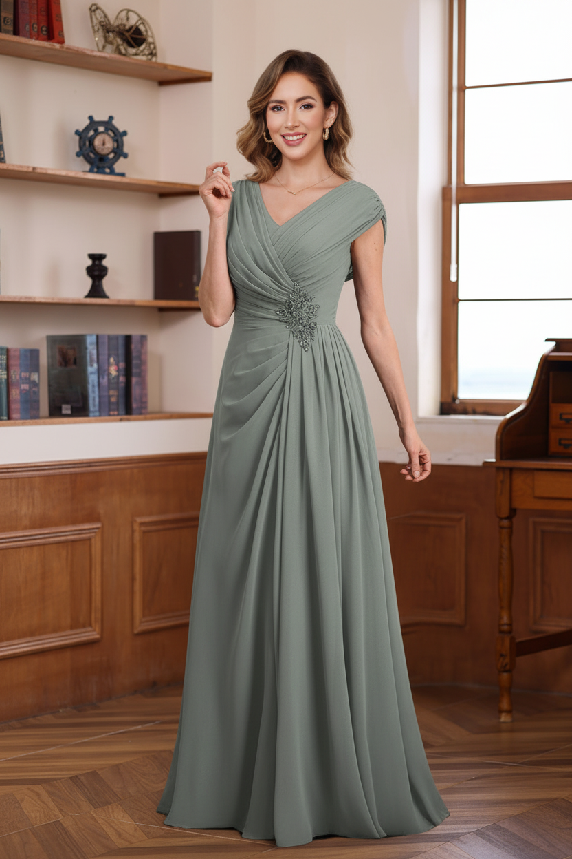 A-Line/Princess V-Neck Ruched Floor-Length Pleated Mother of the Bride & Groom Dresses with Jewel Appliques & Sequins