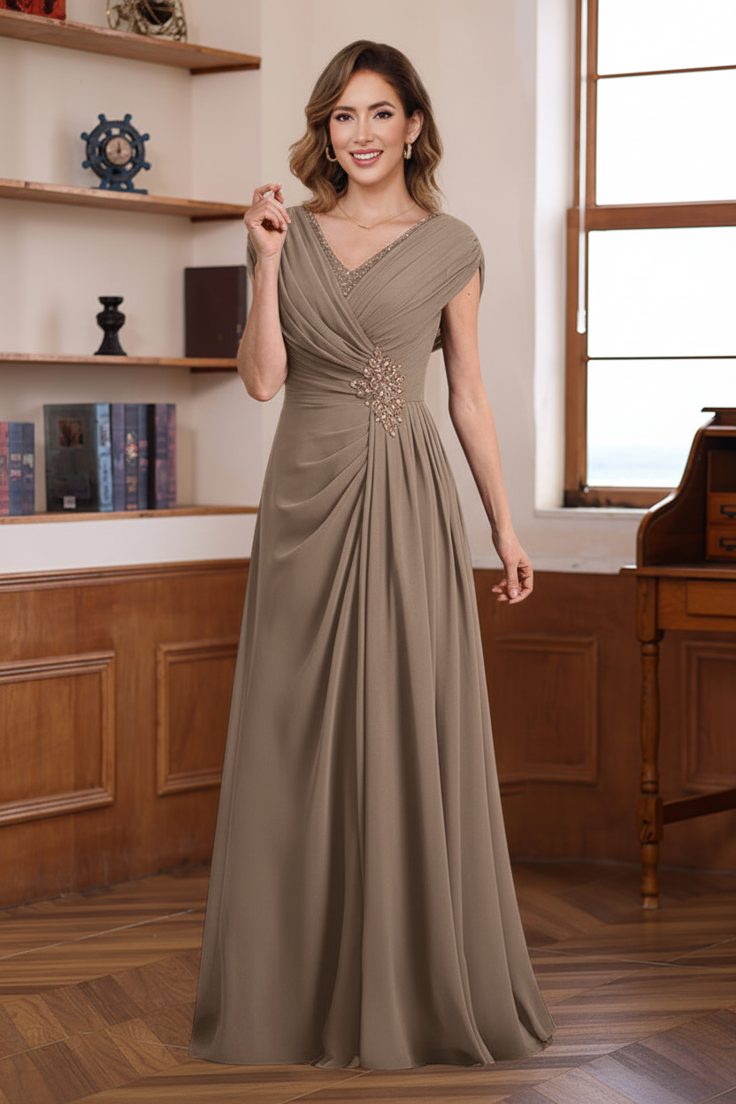 A-Line/Princess V-Neck Ruched Floor-Length Pleated Mother of the Bride & Groom Dresses with Jewel Appliques & Sequins