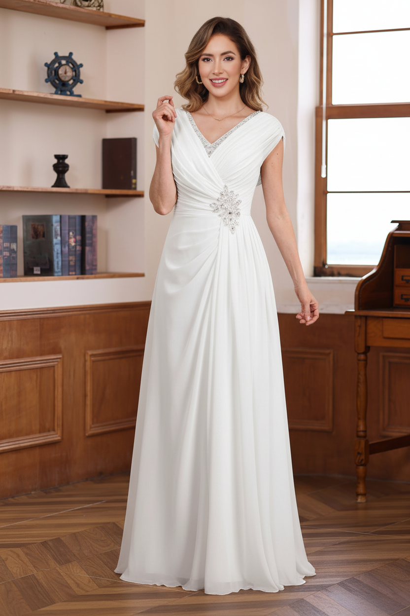 A-Line/Princess V-Neck Ruched Floor-Length Pleated Mother of the Bride & Groom Dresses with Jewel Appliques & Sequins