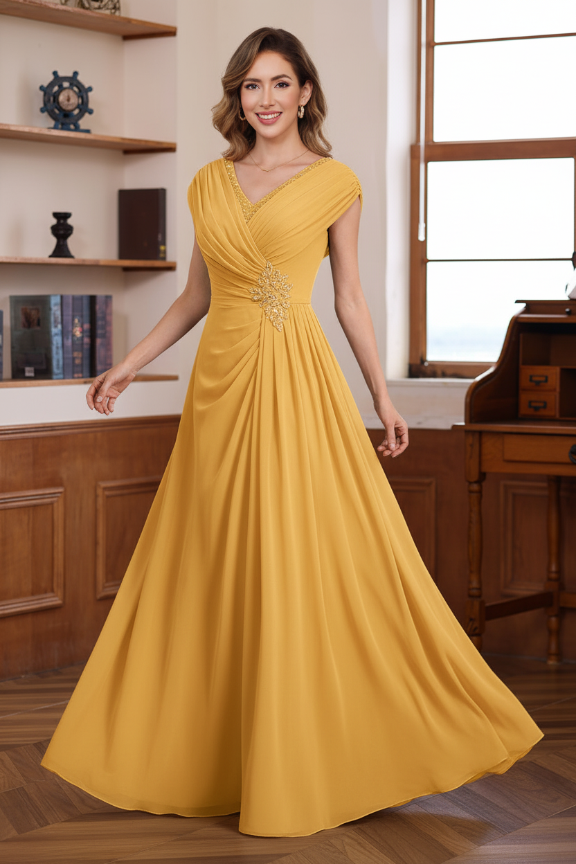 A-Line/Princess V-Neck Ruched Floor-Length Pleated Mother of the Bride & Groom Dresses with Jewel Appliques & Sequins