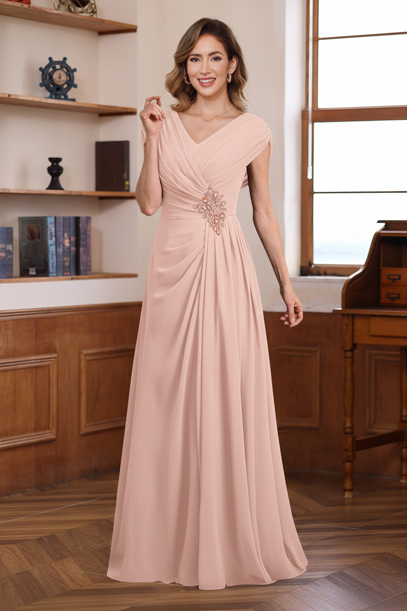A-Line/Princess V-Neck Ruched Floor-Length Pleated Mother of the Bride & Groom Dresses with Jewel Appliques & Sequins