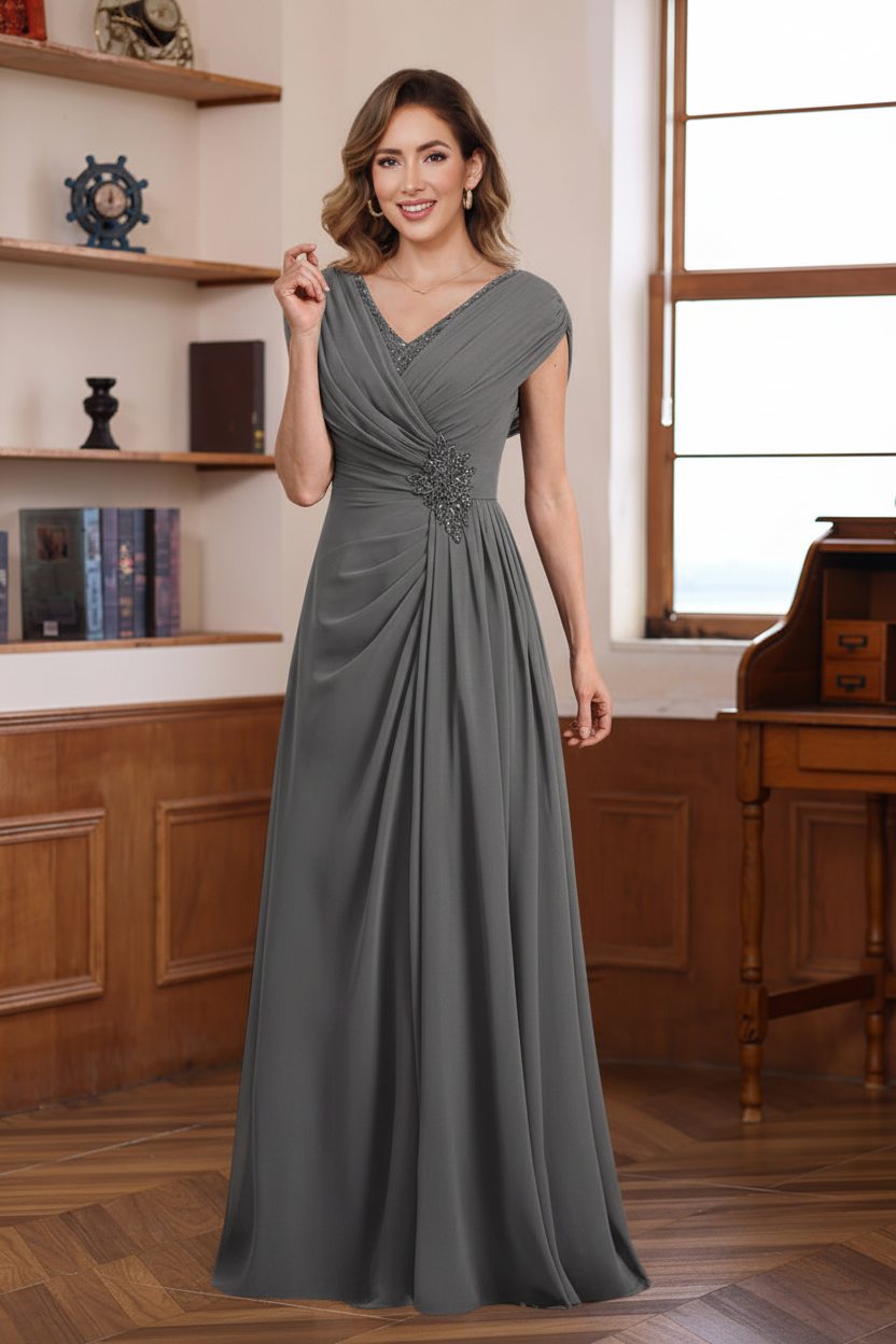 A-Line/Princess V-Neck Ruched Floor-Length Pleated Mother of the Bride & Groom Dresses with Jewel Appliques & Sequins