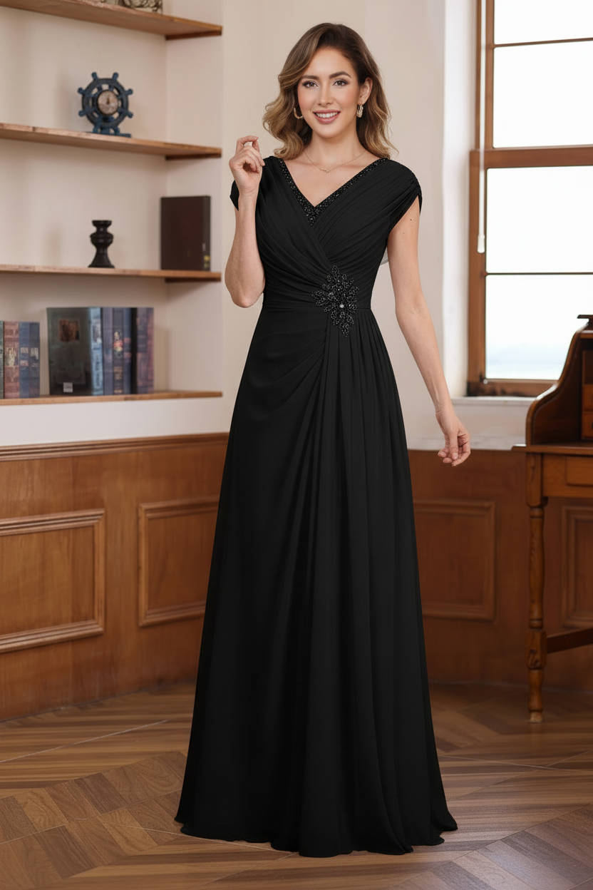 A-Line/Princess V-Neck Ruched Floor-Length Pleated Mother of the Bride & Groom Dresses with Jewel Appliques & Sequins