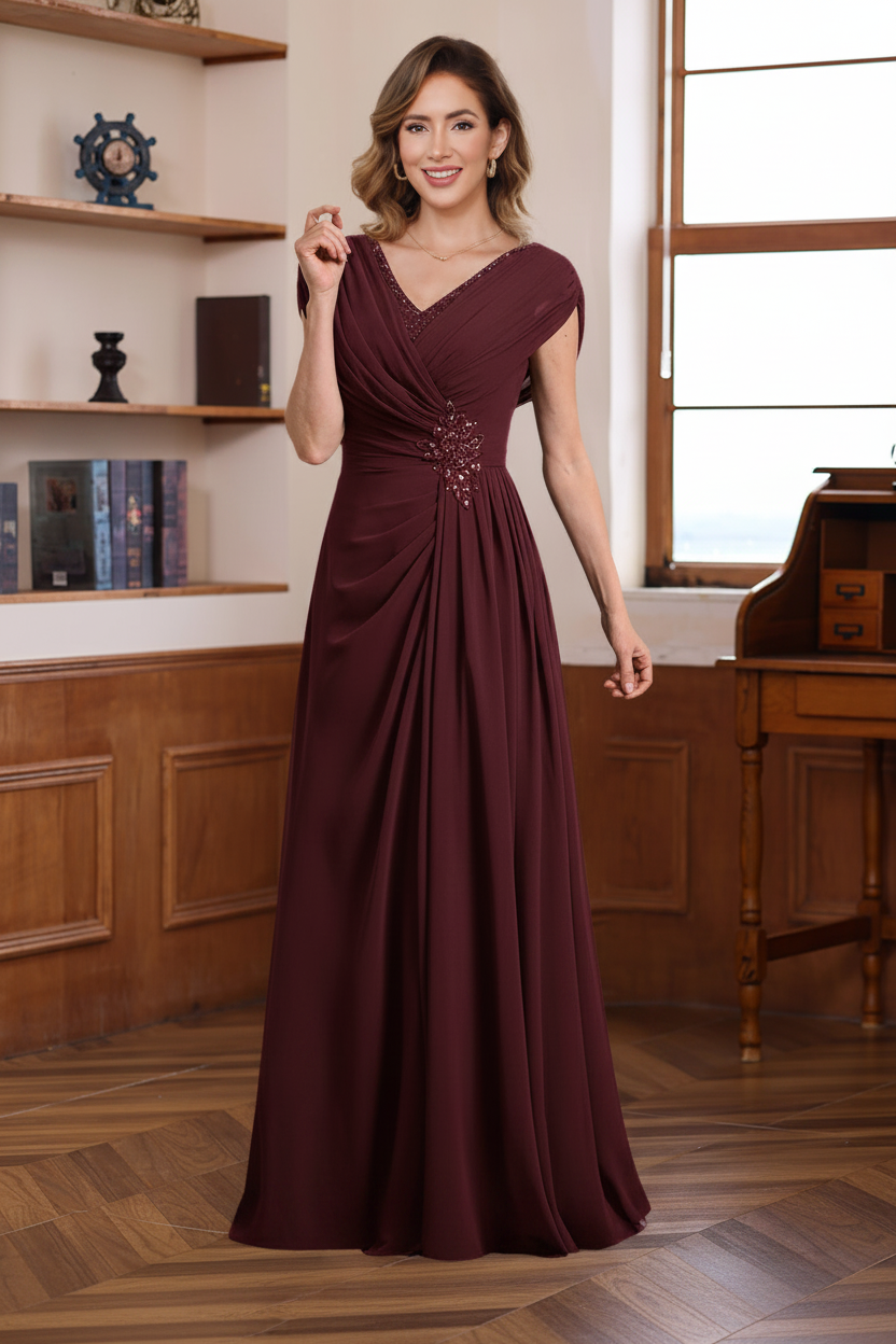 A-Line/Princess V-Neck Ruched Floor-Length Pleated Mother of the Bride & Groom Dresses with Jewel Appliques & Sequins