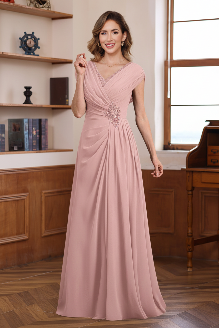 A-Line/Princess V-Neck Ruched Floor-Length Pleated Mother of the Bride & Groom Dresses with Jewel Appliques & Sequins
