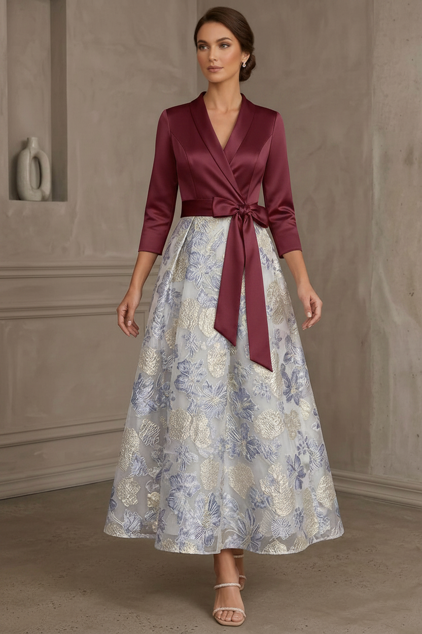 A-Line/Princess V-Neck Satin Mother Of The Bride Dresses Floral 3/4 Sleeves Tea-Length Bowknot