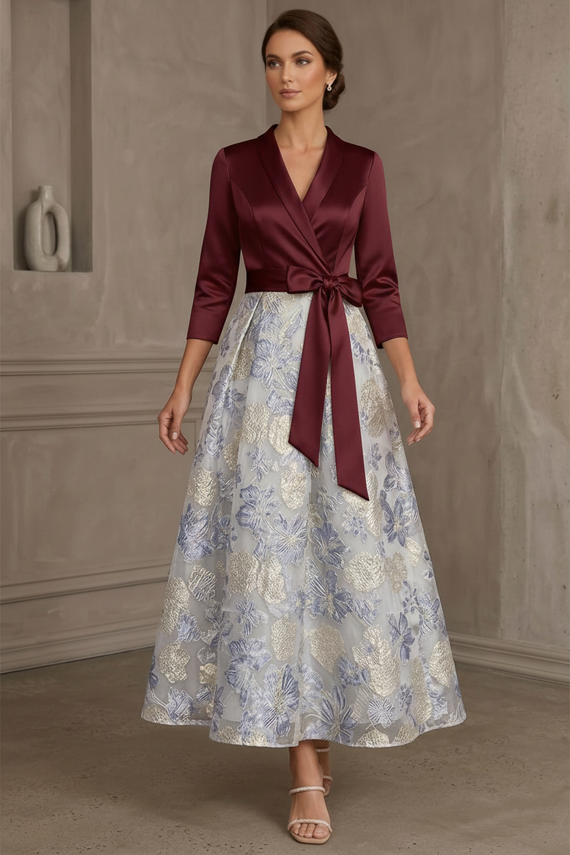 A-Line/Princess V-Neck Satin Mother Of The Bride Dresses Floral 3/4 Sleeves Tea-Length Bowknot