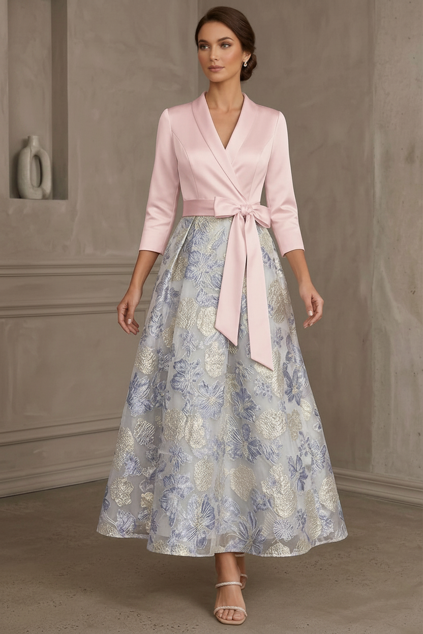 A-Line/Princess V-Neck Satin Mother Of The Bride Dresses Floral 3/4 Sleeves Tea-Length Bowknot