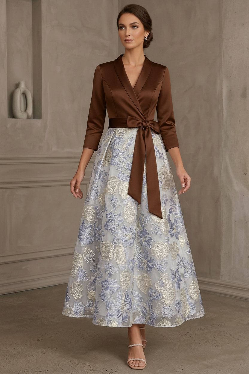A-Line/Princess V-Neck Satin Mother Of The Bride Dresses Floral 3/4 Sleeves Tea-Length Bowknot