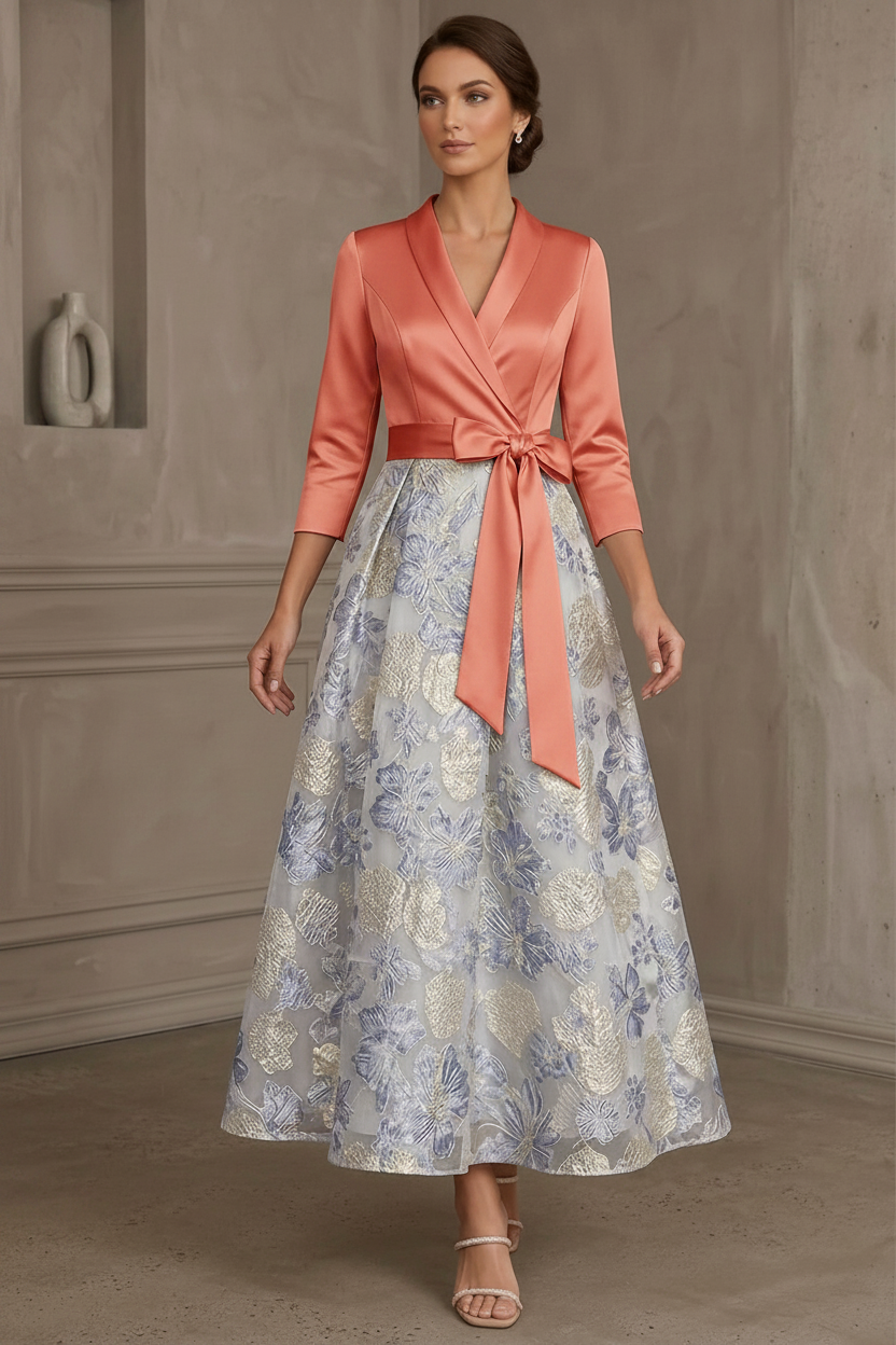 A-Line/Princess V-Neck Satin Mother Of The Bride Dresses Floral 3/4 Sleeves Tea-Length Bowknot