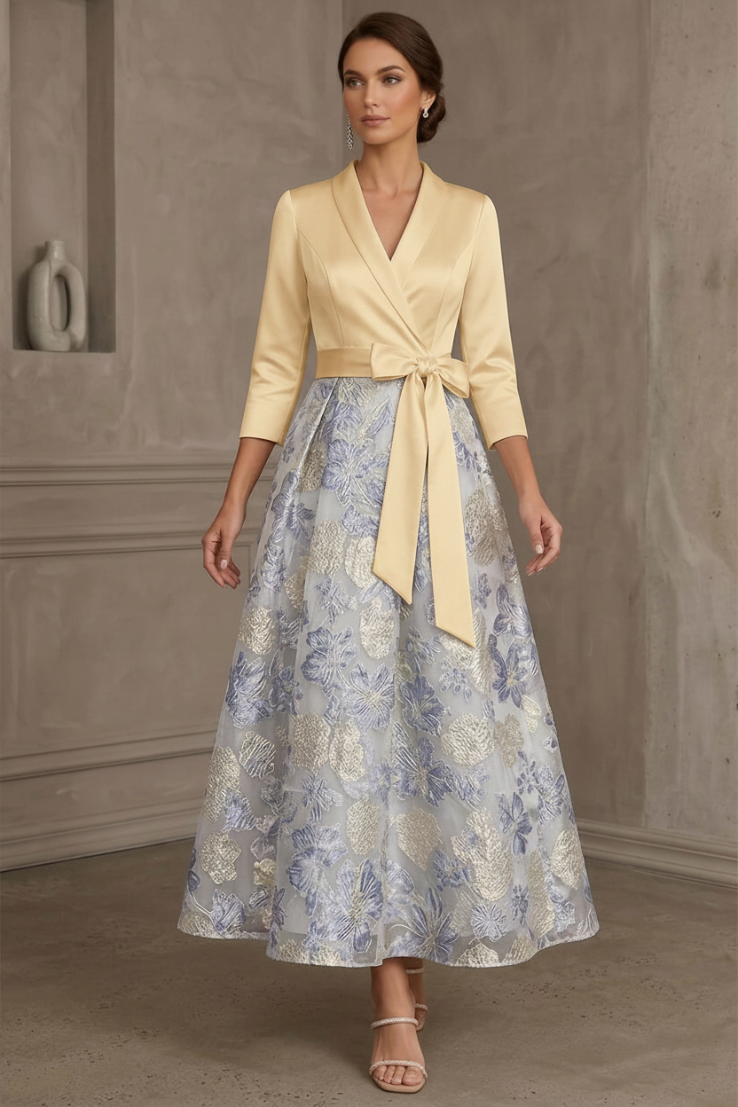 A-Line/Princess V-Neck Satin Mother Of The Bride Dresses Floral 3/4 Sleeves Tea-Length Bowknot