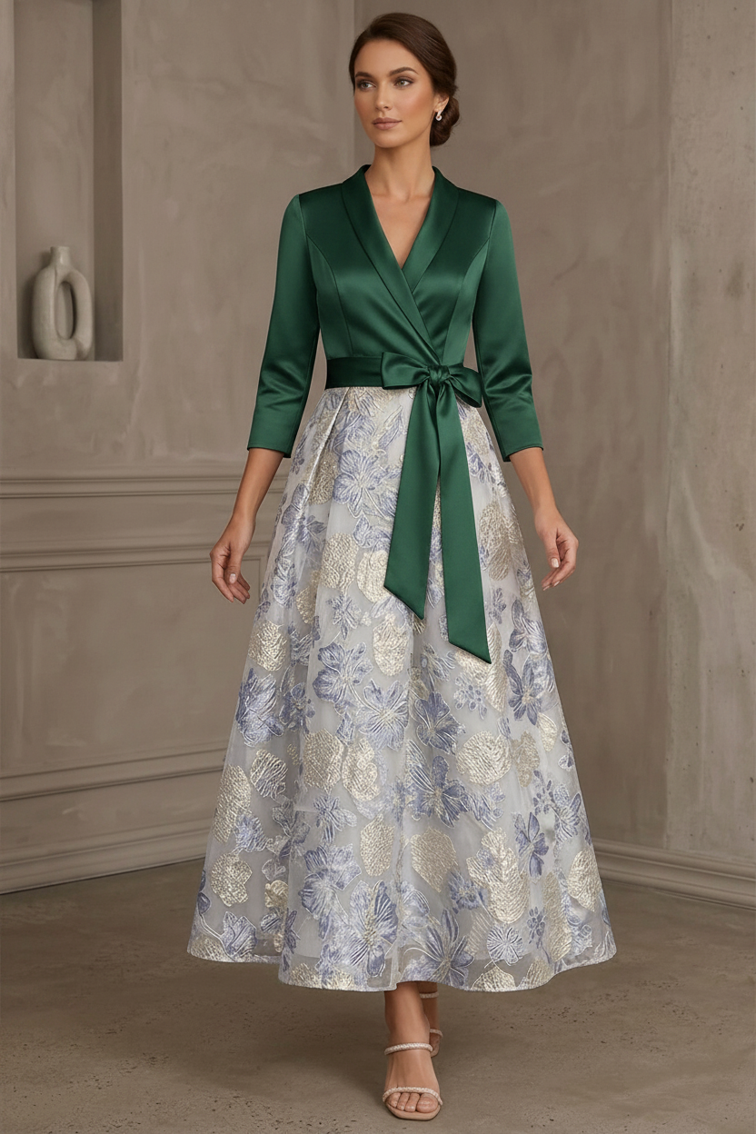 A-Line/Princess V-Neck Satin Mother Of The Bride Dresses Floral 3/4 Sleeves Tea-Length Bowknot