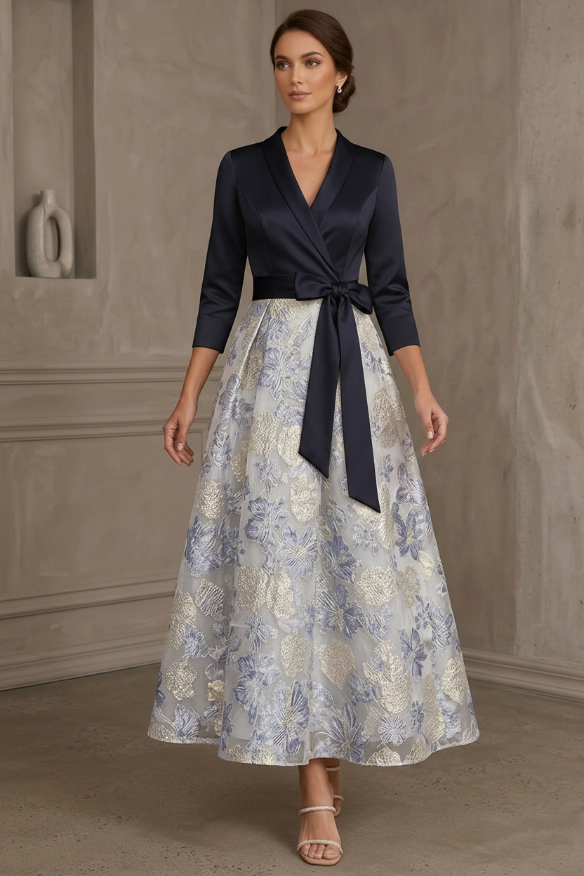 A-Line/Princess V-Neck Satin Mother Of The Bride Dresses Floral 3/4 Sleeves Tea-Length Bowknot