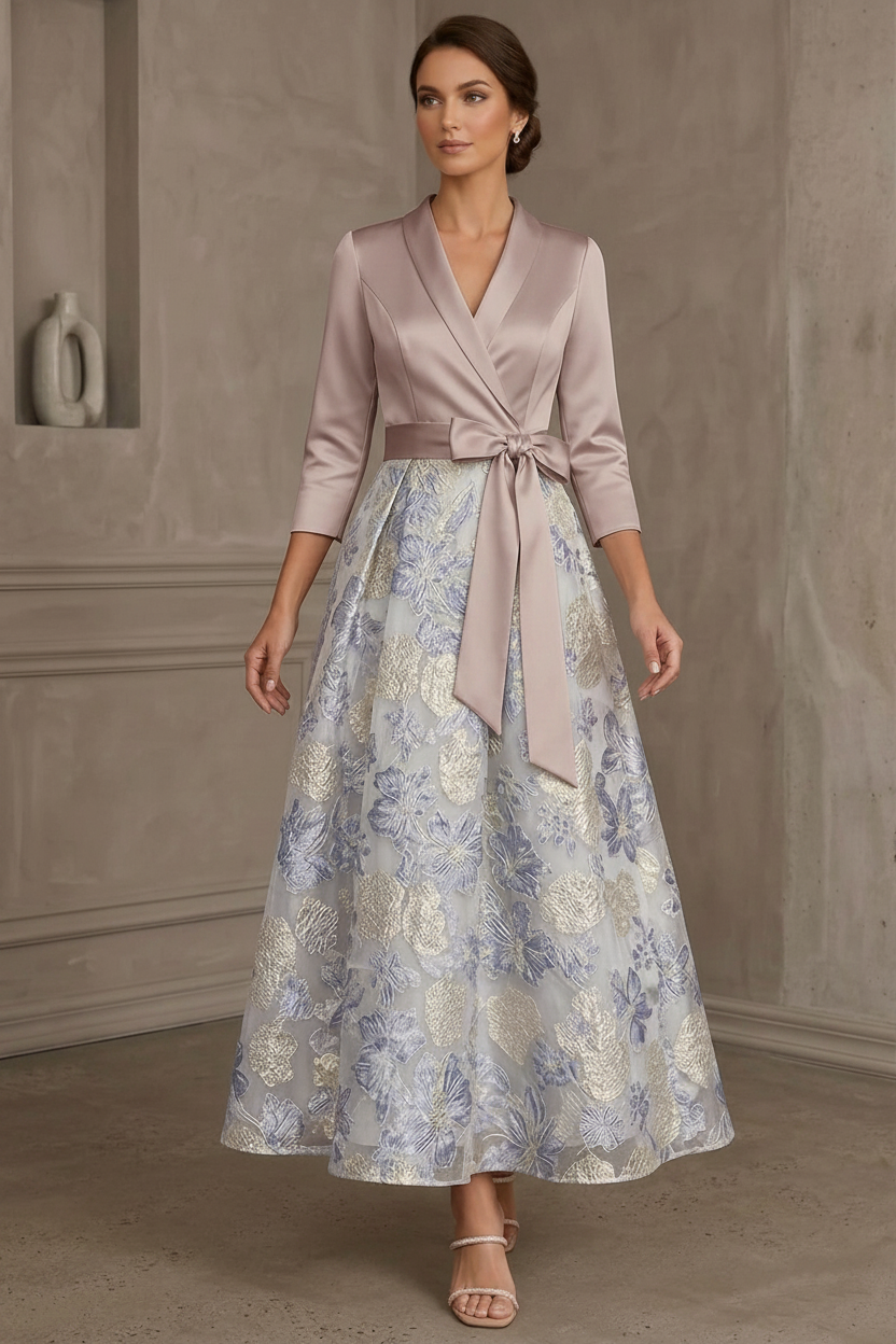 A-Line/Princess V-Neck Satin Mother Of The Bride Dresses Floral 3/4 Sleeves Tea-Length Bowknot