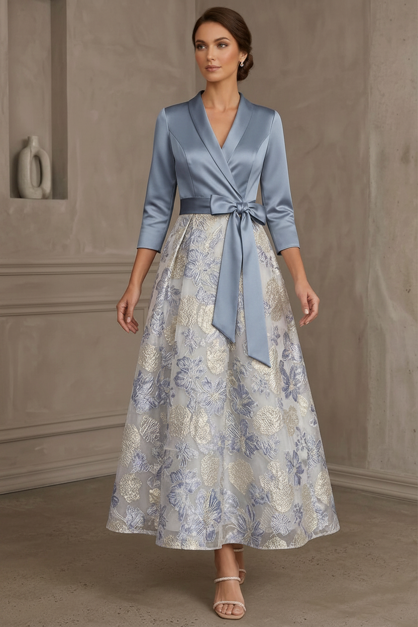 A-Line/Princess V-Neck Satin Mother Of The Bride Dresses Floral 3/4 Sleeves Tea-Length Bowknot