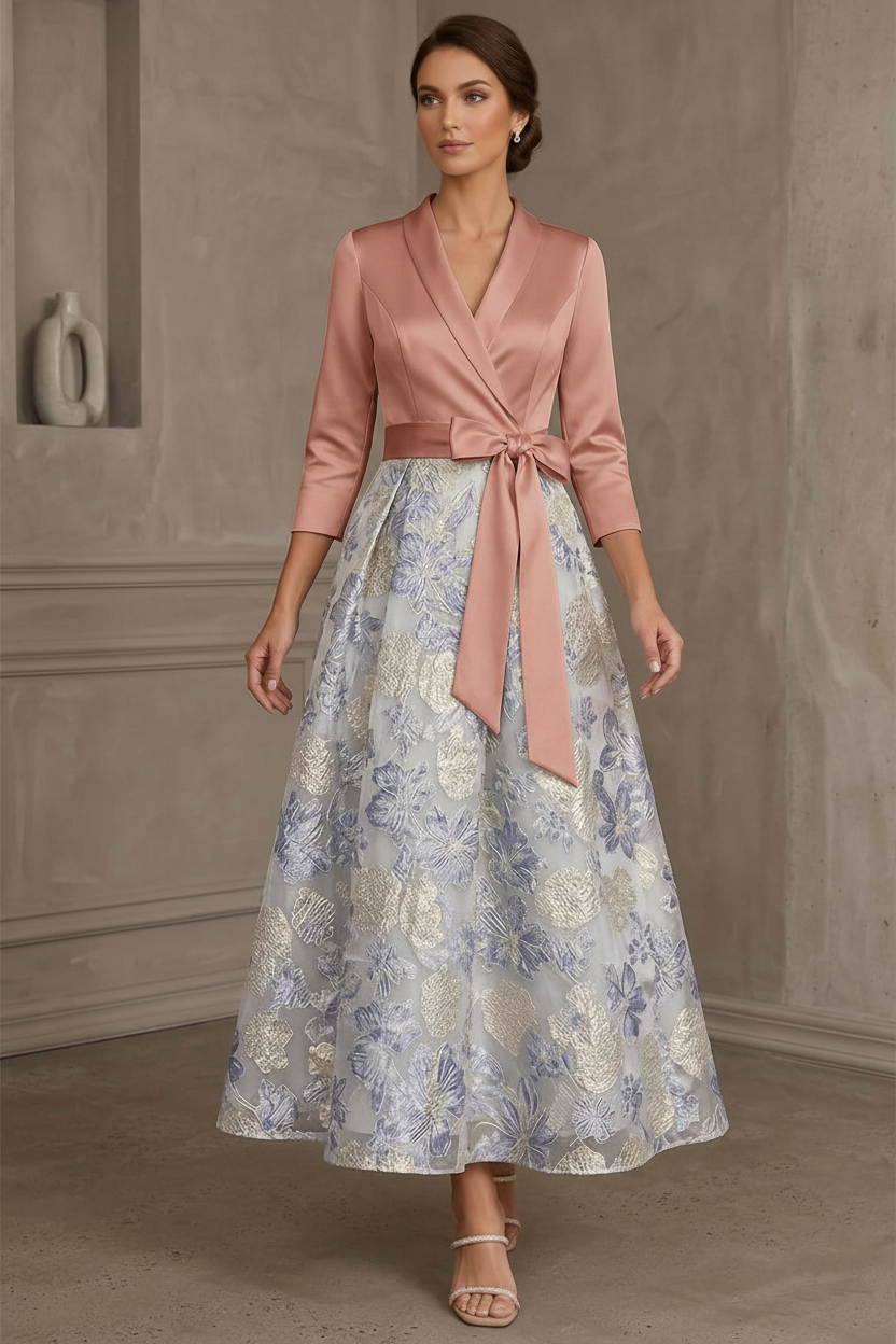A-Line/Princess V-Neck Satin Mother Of The Bride Dresses Floral 3/4 Sleeves Tea-Length Bowknot