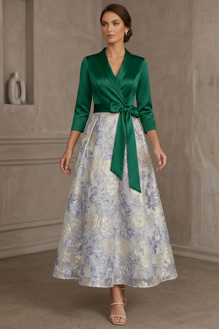 A-Line/Princess V-Neck Satin Mother Of The Bride Dresses Floral 3/4 Sleeves Tea-Length Bowknot