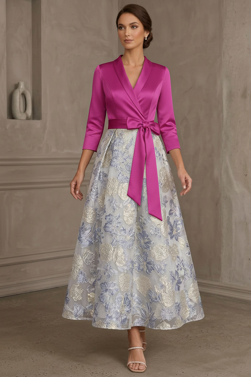 A-Line/Princess V-Neck Satin Mother Of The Bride Dresses Floral 3/4 Sleeves Tea-Length Bowknot