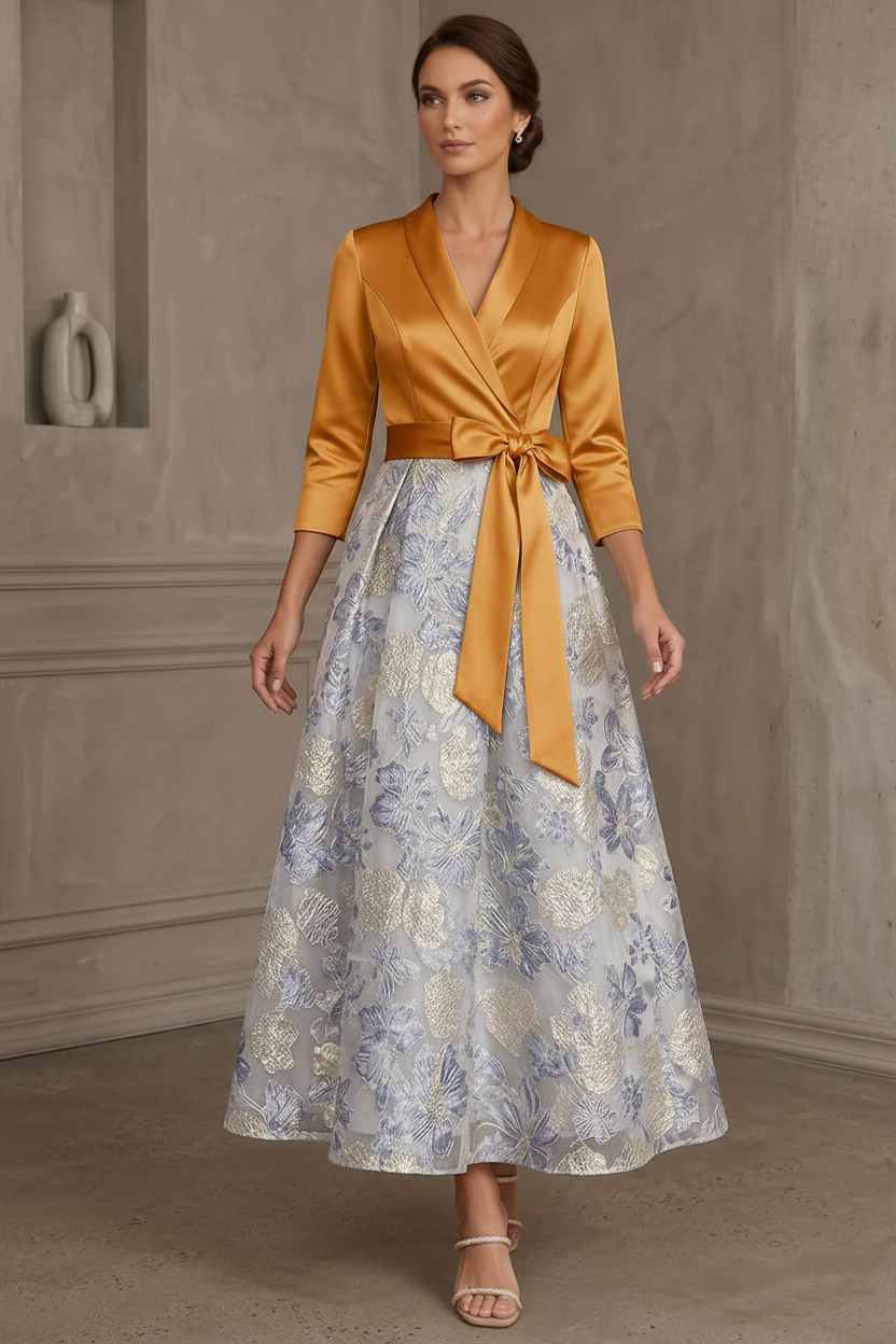 A-Line/Princess V-Neck Satin Mother Of The Bride Dresses Floral 3/4 Sleeves Tea-Length Bowknot