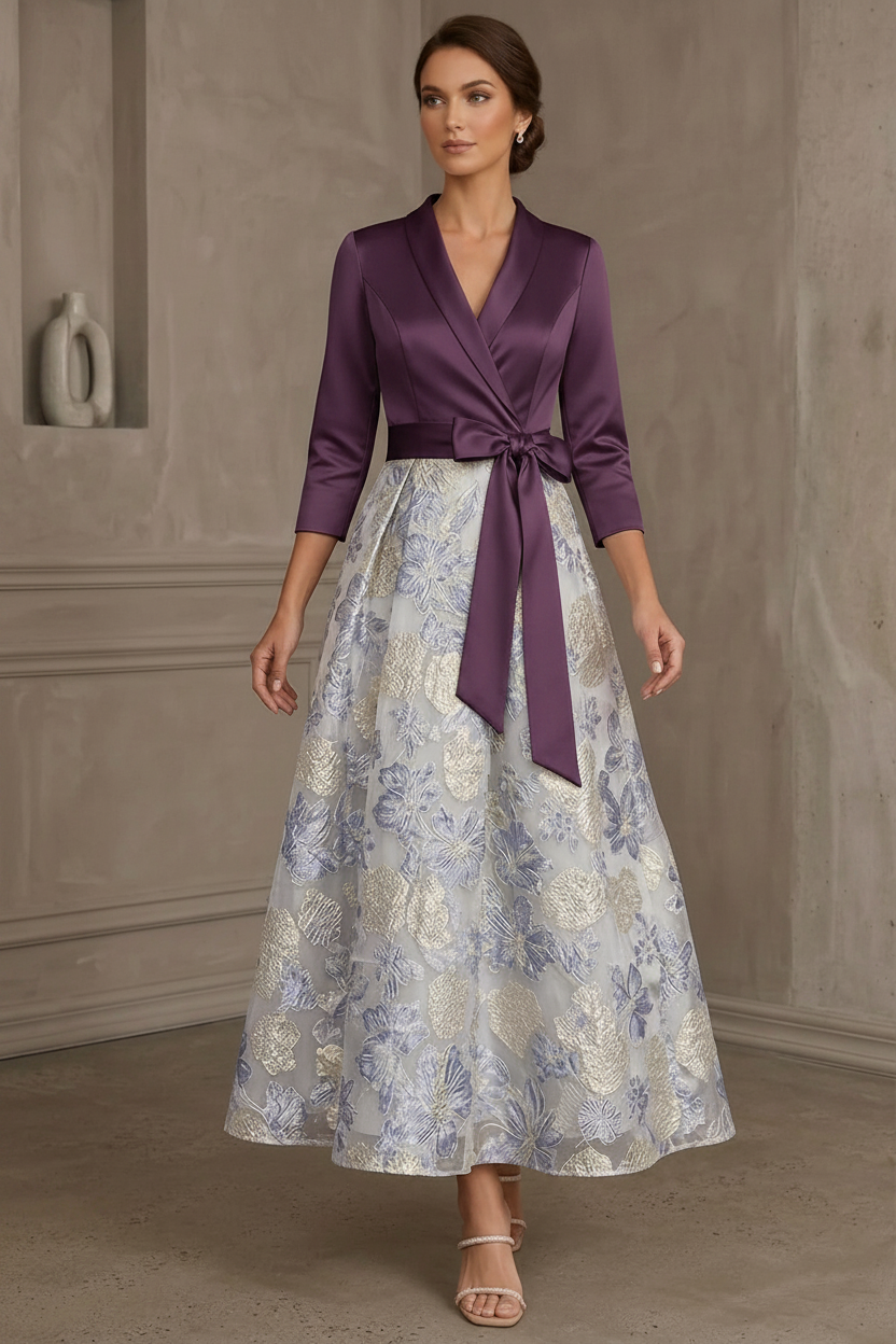 A-Line/Princess V-Neck Satin Mother Of The Bride Dresses Floral 3/4 Sleeves Tea-Length Bowknot