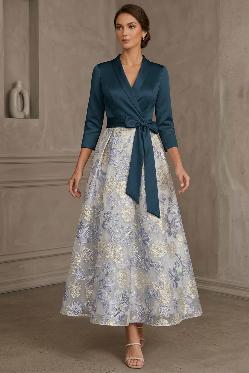 A-Line/Princess V-Neck Satin Mother Of The Bride Dresses Floral 3/4 Sleeves Tea-Length Bowknot