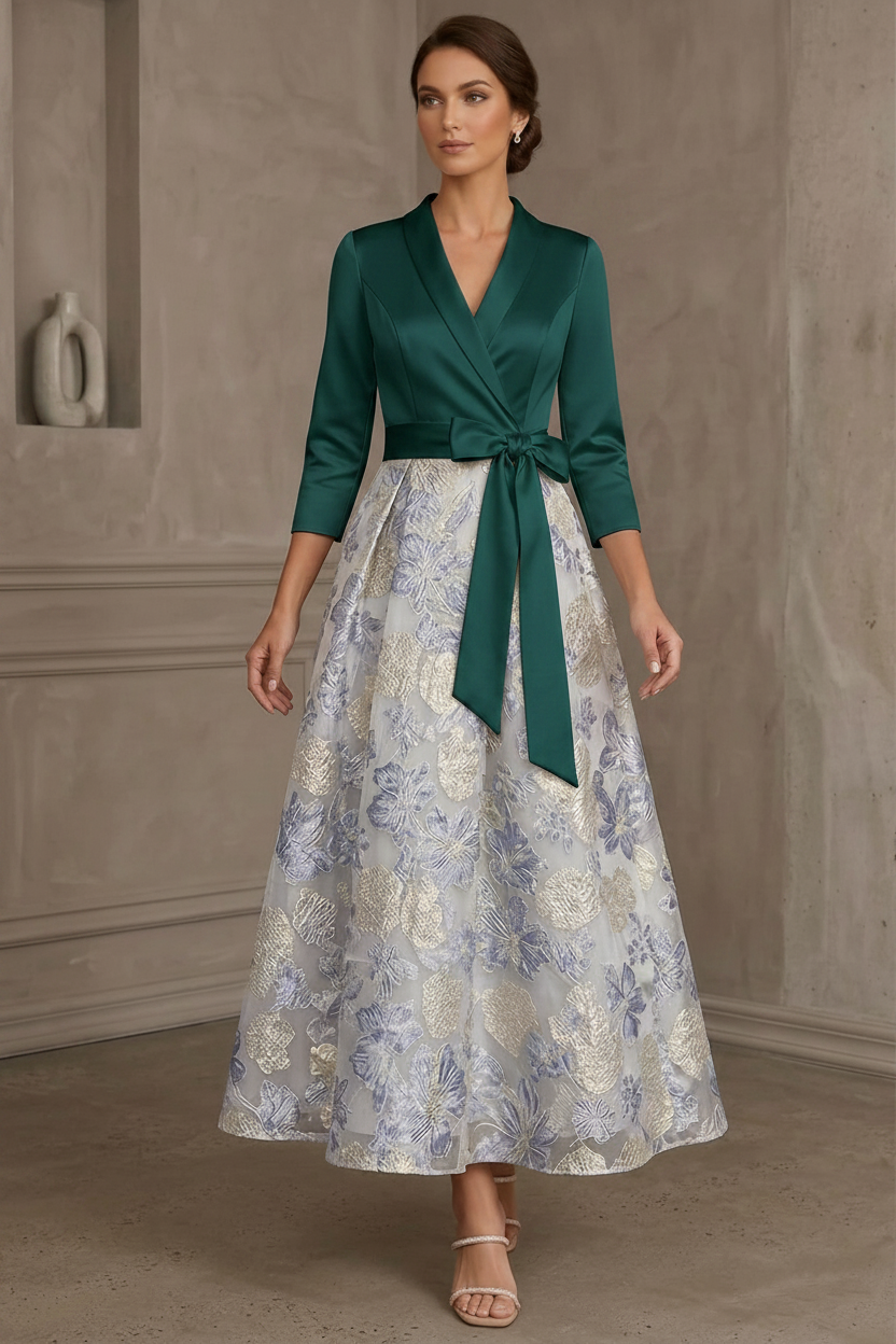A-Line/Princess V-Neck Satin Mother Of The Bride Dresses Floral 3/4 Sleeves Tea-Length Bowknot