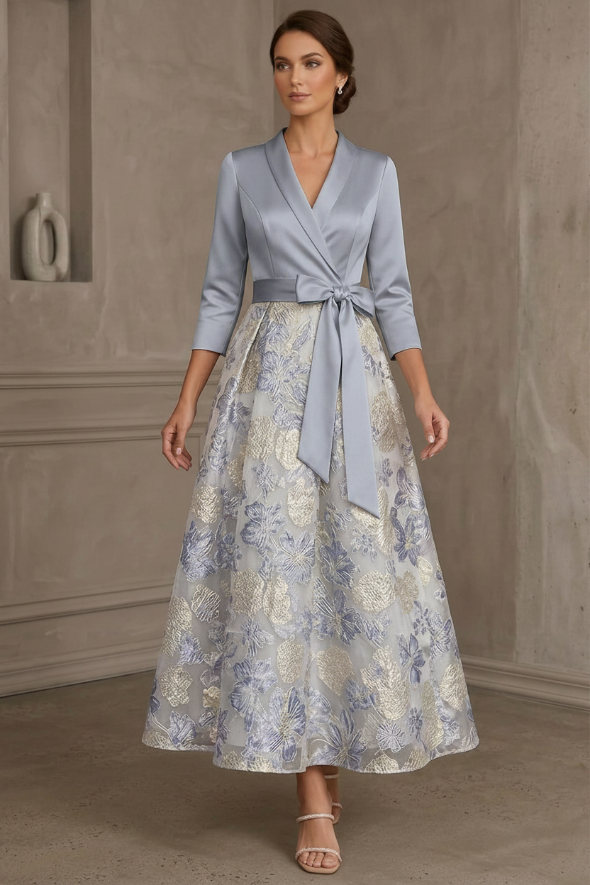 A-Line/Princess V-Neck Satin Mother Of The Bride Dresses Floral 3/4 Sleeves Tea-Length Bowknot