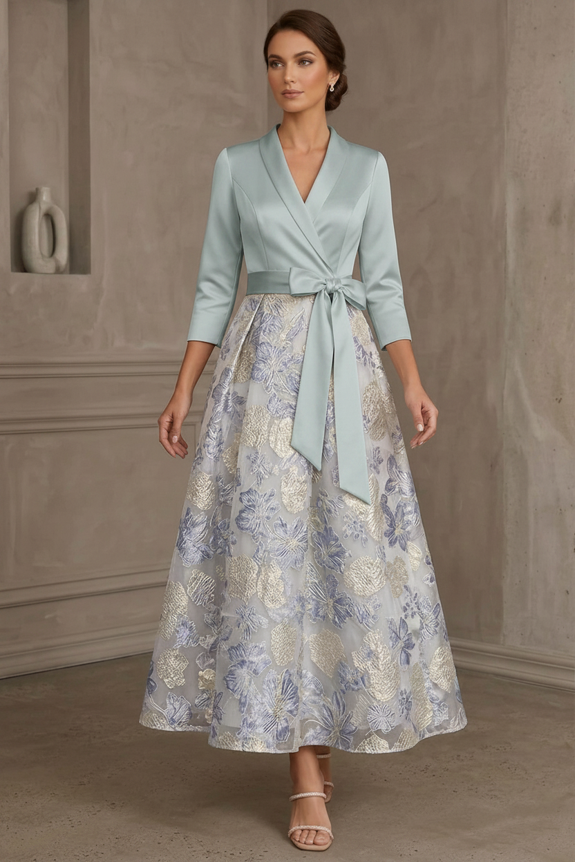 A-Line/Princess V-Neck Satin Mother Of The Bride Dresses Floral 3/4 Sleeves Tea-Length Bowknot