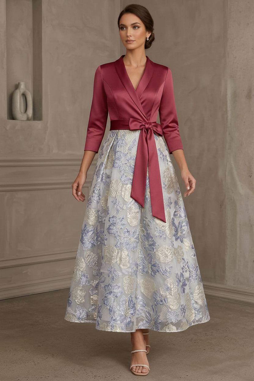 A-Line/Princess V-Neck Satin Mother Of The Bride Dresses Floral 3/4 Sleeves Tea-Length Bowknot