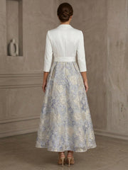 A-Line/Princess V-Neck Satin Mother Of The Bride Dresses Floral 3/4 Sleeves Tea-Length Bowknot