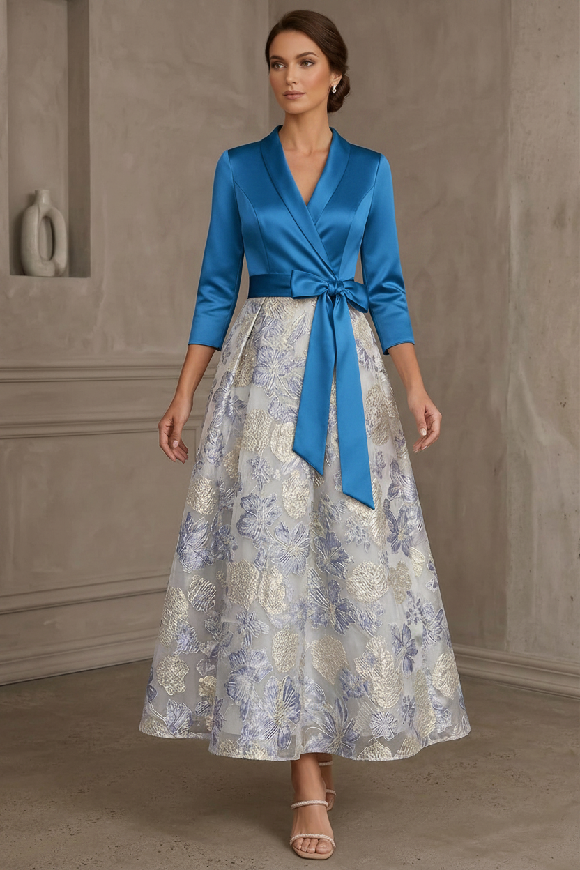 A-Line/Princess V-Neck Satin Mother Of The Bride Dresses Floral 3/4 Sleeves Tea-Length Bowknot