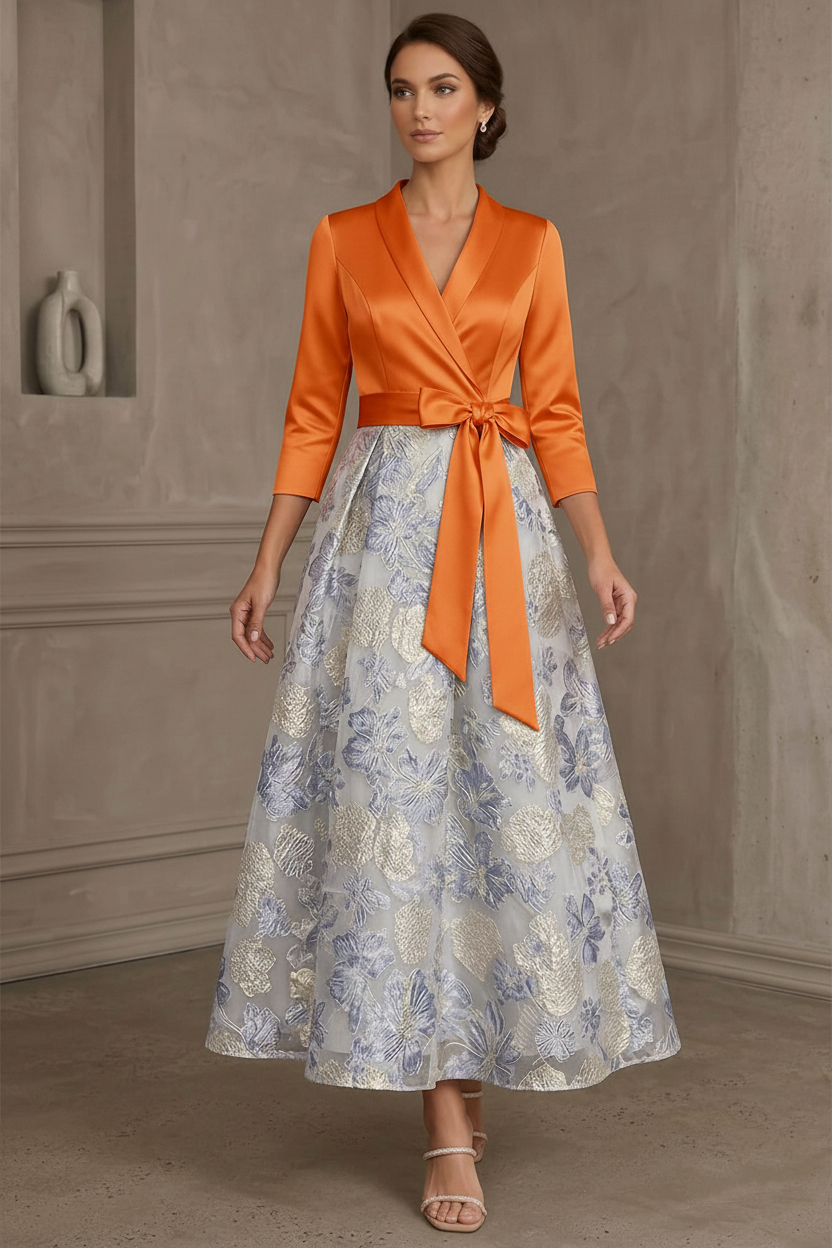 A-Line/Princess V-Neck Satin Mother Of The Bride Dresses Floral 3/4 Sleeves Tea-Length Bowknot