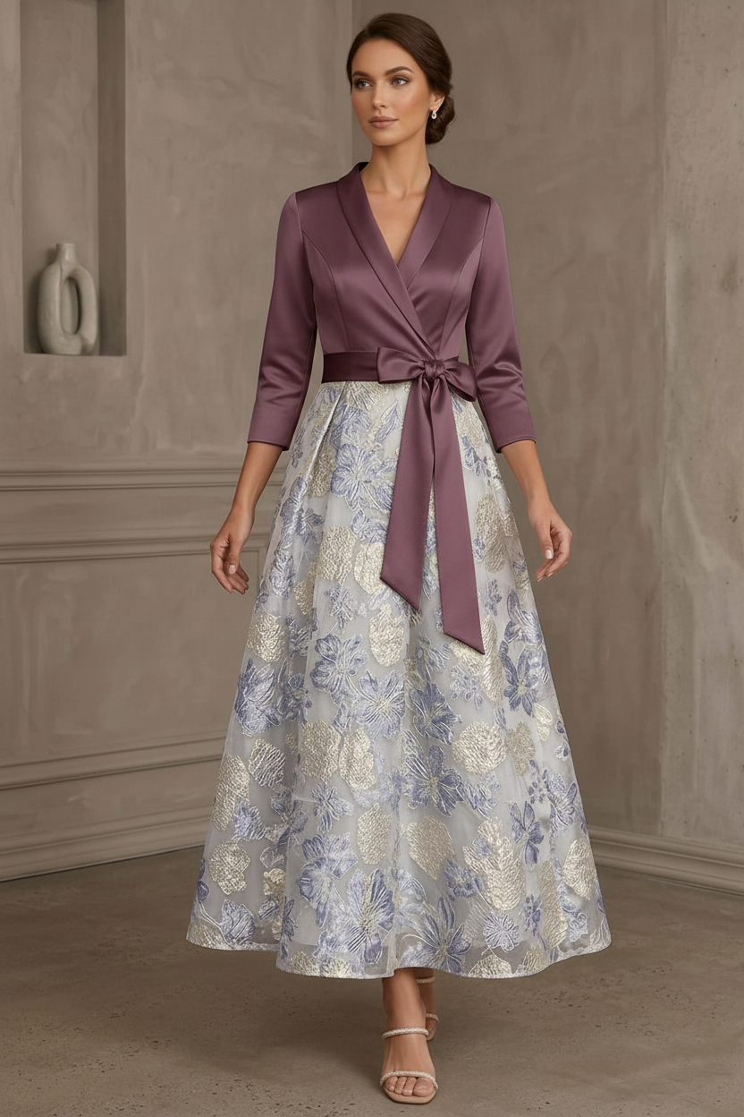 A-Line/Princess V-Neck Satin Mother Of The Bride Dresses Floral 3/4 Sleeves Tea-Length Bowknot
