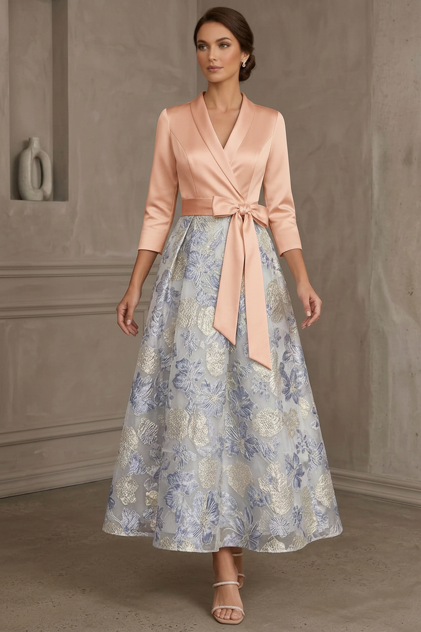 A-Line/Princess V-Neck Satin Mother Of The Bride Dresses Floral 3/4 Sleeves Tea-Length Bowknot