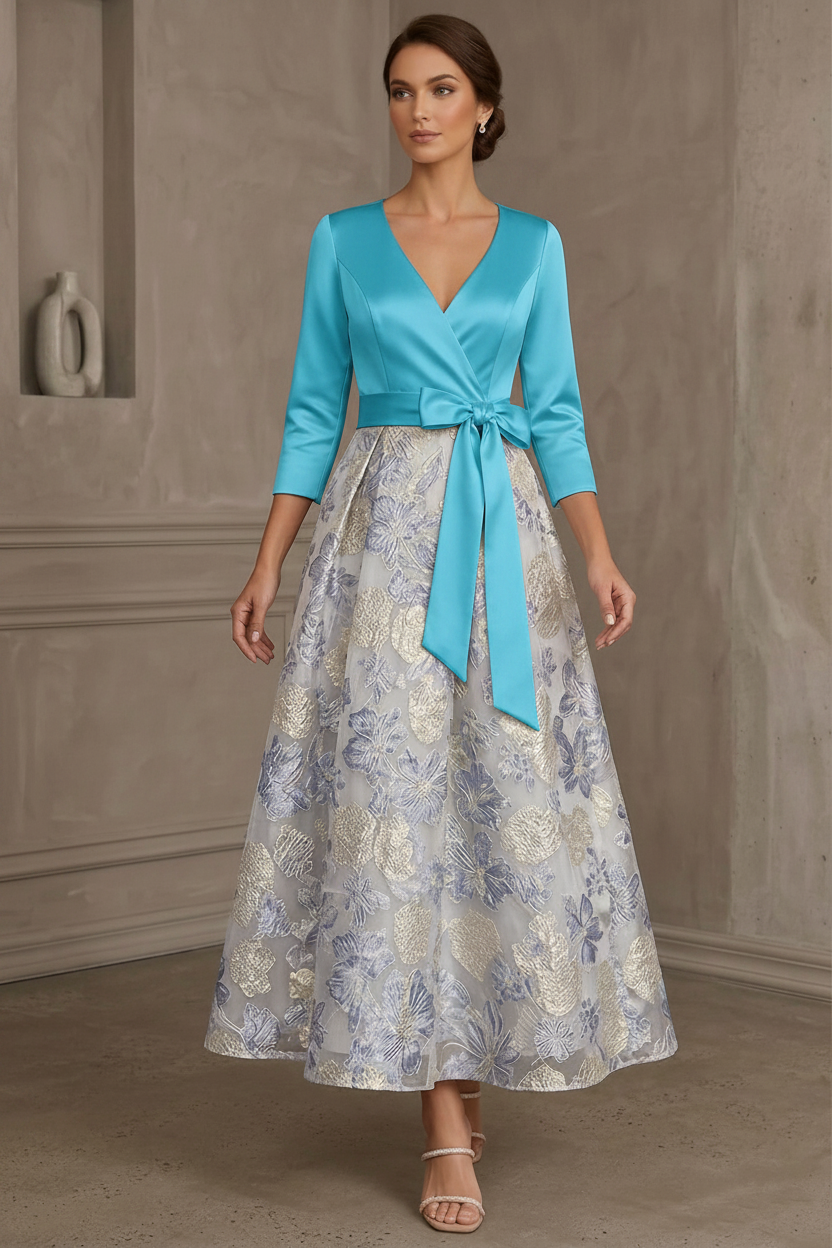 A-Line/Princess V-Neck Satin Mother Of The Bride Dresses Floral 3/4 Sleeves Tea-Length Bowknot