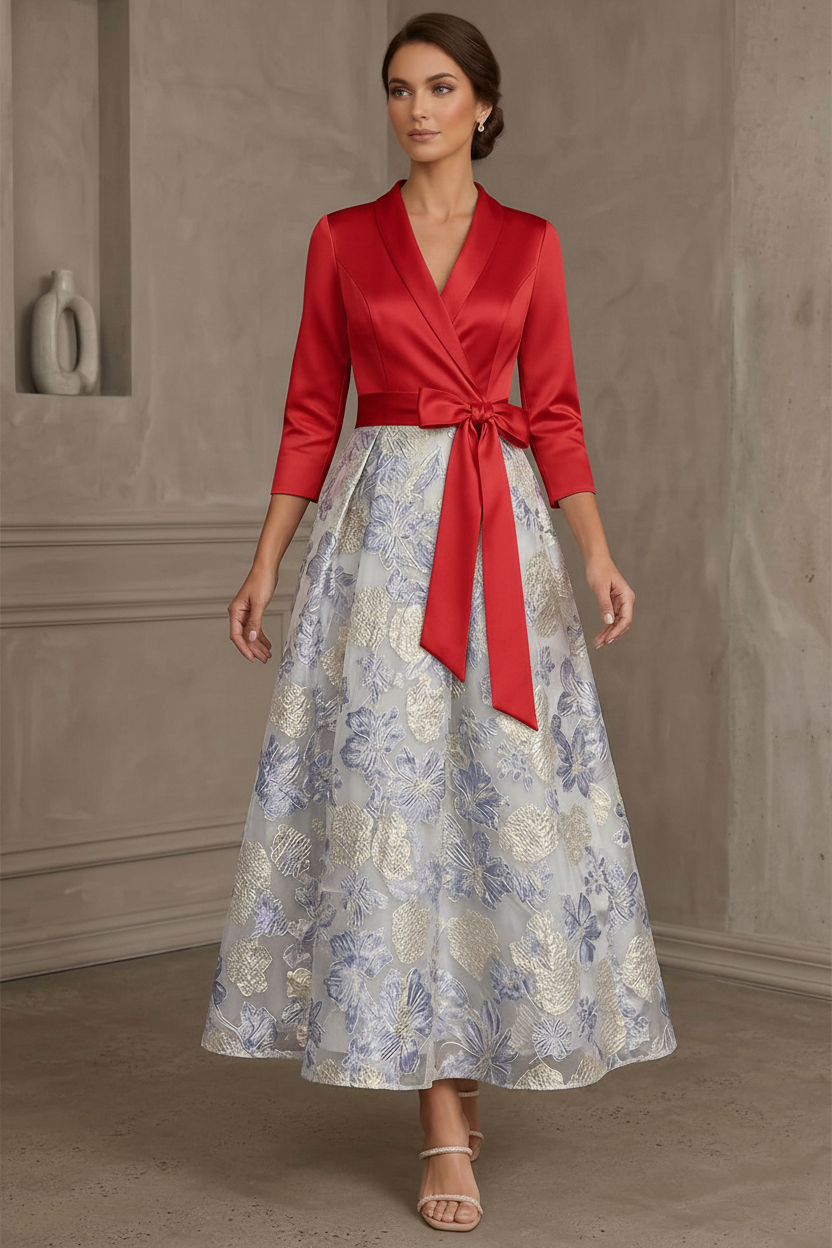 A-Line/Princess V-Neck Satin Mother Of The Bride Dresses Floral 3/4 Sleeves Tea-Length Bowknot